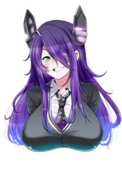  alternate_hair_length alternate_hairstyle blush breasts commentary_request eyepatch female headgear kantai_collection large_breasts long_hair looking_at_viewer necktie perepere-kun purple_hair simple_background smile solo tenryuu_(kancolle) upper_body white_background yellow_eyes 