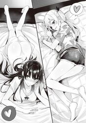  2girls :d ankle_socks ass barefoot bed belt blush bow bracelet breasts cleavage collarbone denim denim_shorts dress embarrassed from_above from_side greyscale hair_between_eyes hair_ribbon hand_on_own_cheek hand_on_own_face head_tilt heart highres jewelry kakao_(chocolate_land) kawaii_onna_no_ko_ni_kouryaku_sareru_no_wa_suki_desu_ka? kneepits legs_together light_smile long_hair looking_at_viewer lying medium_breasts monochrome multiple_girls nanjou_mizuki non-web_source nose_blush novel_illustration oerba_yun_fang off_shoulder official_art on_bed on_side on_stomach open_mouth print_shirt raised_eyebrows ribbon scrunchie shirt shizukawa_rinka short_dress short_shorts short_sleeves shorts sideways_mouth smile socks speech_bubble split_screen spoken_heart star_(symbol) star_print straight_hair sundress two_side_up wrist_scrunchie 