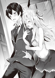  1boy arm_grab blazer blush bra breasts closed_eyes collarbone cowboy_shot female floating_hair greyscale hair_between_eyes hair_ribbon highres indoors jacket kakao_(chocolate_land) kawaii_onna_no_ko_ni_kouryaku_sareru_no_wa_suki_desu_ka? kitamikado_mikado large_breasts long_hair long_sleeves miniskirt monochrome nanjou_kisa navel non-web_source novel_illustration official_art open_mouth pantyhose pleated_skirt polka_dot polka_dot_bra ribbon shiny_clothes sideboob skirt stomach sweat two_side_up underwear very_long_hair 