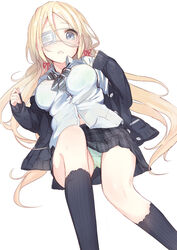  black_socks blonde_hair breasts cardigan d: dress_shirt eyepatch female hair_between_eyes kneehighs kojiki-life large_breasts long_hair lying open_cardigan open_clothes open_mouth original panties pantyshot plaid plaid_skirt school_uniform shirt simple_background skirt socks solo underwear very_long_hair white_background 