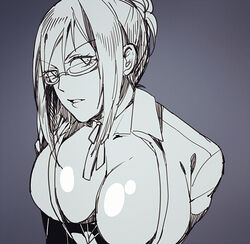  bad_id bad_pixiv_id breasts female glasses hair_bun large_breasts long_hair open_clothes prison_school ribbon semi-rimless_eyewear shiraki_meiko sidelocks single_hair_bun solo sora_(keyue) under-rim_eyewear upper_body 