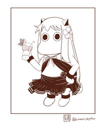  alternate_costume artist_name commentary cosplay cup drinking_glass drinking_straw flower full_body hair_flower hair_ornament horns kantai_collection monochrome moomin muppo no_humans northern_ocean_princess photoshop_(medium) sazanami_konami simple_background solid_circle_pupils solo swimsuit tatsuta_(kancolle) tatsuta_(kancolle)_(cosplay) twitter_username white_background wine_glass 