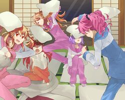  absurdres aikatsu!_(series) aikatsu_stars! bad_id bad_pixiv_id commentary_request futon highres hirako_daishougun inn nanakura_koharu nijino_yume pillow pillow_fight sakuraba_rola saotome_ako 