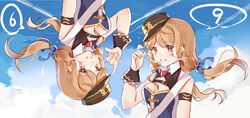  armband blush breasts brown_eyes brown_hair cleavage cloud commentary_request day female girls&#039;_frontline hat long_hair looking_at_viewer low-tied_long_hair military military_uniform natie_(latte) sash sky smile ssg_69_(girls&#039;_frontline) uniform 