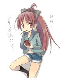  against_wall ahoge bad_id bad_pixiv_id blue_shorts commentary_request eating female food food_in_mouth hair_ribbon hood hoodie kyabechi long_hair mahou_shoujo_madoka_magica mahou_shoujo_madoka_magica_(anime) midriff navel open_mouth pocky ponytail red_eyes red_hair ribbon sakura_kyoko shorts simple_background solo sweat translation_request white_background 