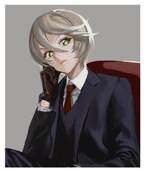  bad_id bad_pixiv_id black_gloves female formal gloves green_eyes grey_hair hair_between_eyes head_rest looking_at_viewer necktie pretty_series pripara rr_(suisse200) shikyoin_hibiki short_hair sitting solo suit 