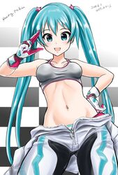  absurdres aqua_eyes aqua_hair biker_clothes bikesuit bodysuit checkered_background commentary cowboy_shot dated female flick_(sal23) gloves goodsmile_racing grey_sports_bra hand_on_own_hip hatsune_miku highres long_hair looking_at_viewer navel open_mouth panties racing_miku racing_miku_(2013) salute solo sports_bra stomach striped_clothes striped_panties twintails underwear unzipped very_long_hair vocaloid 