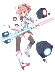  beat_saber blush boots breasts brown_panties brown_thighhighs chinese_commentary closed_mouth commentary_request dress elbow_gloves energy_sword female garter_straps gloves hacka_doll hacka_doll_2 hatsunatsu high_heel_boots high_heels high_ponytail highres holding holding_weapon lightsaber looking_away looking_to_the_side panties pink_hair ponytail red_eyes sidelocks simple_background sleeveless sleeveless_dress small_breasts solo sword thighhighs twitter_username underwear v-shaped_eyebrows weapon white_background white_dress white_footwear white_gloves 