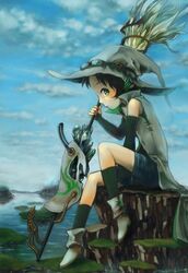  broom female female goggles goggles_on_head hat kiitos original outdoors profile sitting skirt solo witch witch_hat 