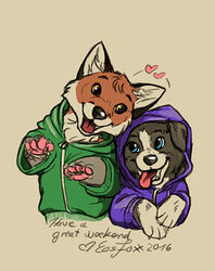  2016 anthro canid canine canis clothing domestic_dog duo eosfoxx fox heart_symbol hoodie mammal simple_background tongue tongue_out topwear 