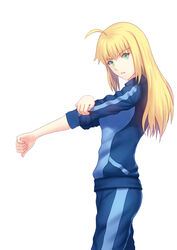  absurdres ahoge artoria_pendragon_(fate) artoria_pendragon_(lancer)_(fate) blonde_hair blue_jacket blue_pants breasts commentary_request cosplay cowboy_shot fate/grand_order fate_(series) fateline_alpha female from_side green_eyes hair_down highres idolmaster idolmaster_cinderella_girls jacket long_hair long_sleeves looking_at_viewer medium_breasts pants parted_lips photoshop_(medium) shibuya_rin shibuya_rin_(cosplay) sidelocks simple_background solo standing teeth track_pants track_suit white_background 