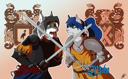  armor badge convention domestic_cat duo felid feline felis furrnion inside lynx maho-gato male mammal melee_weapon munty ookami-ki spain sword weapon 