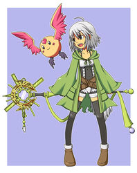  ahoge commentary_request duel_monster female grey_eyes happy happy_lover jacket looking_away lyna_(yu-gi-oh!) lyna_the_light_charmer painttool_sai_(medium) short_hair smile solo staff torn_clothes udonko0704 white_hair yu-gi-oh! 