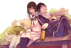  2boys artist_name blonde_hair bottle brown_hair closed_eyes commentary_request copyright_name dated female iki_hiyori long_hair multiple_boys noragami photoshop_(medium) purple_eyes purple_hair school_uniform serafuku short_hair sleeping track_suit watermark web_address yamato5240 yato_(noragami) yukine_(noragami) 