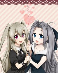  2girls airi_(robotics;notes) bad_id bad_pixiv_id blue_eyes blush crossover heart holding_hands interlocked_fingers izumi_kikaku long_hair mitsumiya_erisa multiple_girls open_mouth purple_eyes robotics;notes shitsuji_ijiri smile very_long_hair 