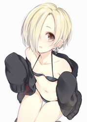  bikini black_bikini blonde_hair blood blood_splatter breasts brown_eyes collarbone commentary_request earrings female hair_over_one_eye hood hoodie idolmaster idolmaster_cinderella_girls jewelry kojiki-life off_shoulder open_clothes open_hoodie open_mouth shirasaka_koume simple_background skull_earrings sleeves_past_fingers sleeves_past_wrists small_breasts solo swimsuit white_background 