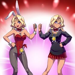  animal_ears between_breasts blonde_hair bow bowtie brass_knuckles breasts commentary_request cosplay detached_collar dual_persona erilin_goldsmith erilin_goldsmith_(cosplay) female glasses iwa-saka jewelry leotard lighter long_hair m.u.g.e.n necklace original pantyhose playboy_bunny purple_eyes rabbit_ears red_leotard short_hair tan variable_geo weapon wrist_cuffs 