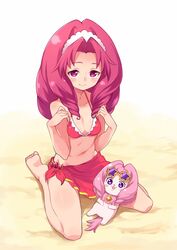  akagi_towa bikini chiroru_(7450n) commentary_request female go!_princess_precure kneeling long_hair pink_eyes precure puff_(go!_princess_precure) red_eyes sarong swimsuit 