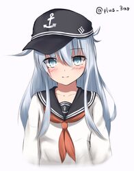  blue_eyes blush commentary_request female flat_cap grey_hair hat hibiki_(kancolle) highres kantai_collection long_hair looking_at_viewer neckerchief red_neckerchief saplus school_uniform serafuku sidelocks simple_background smile solo upper_body white_background 