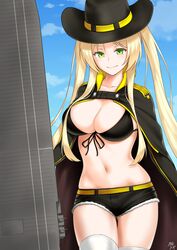  ass_visible_through_thighs azur_lane bikini bikini_top_only black_bikini black_hat blonde_hair breasts cape cleavage cloud cloudy_sky collarbone commentary_request cowboy_hat cowboy_shot day female flight_deck green_eyes hat highres hornet_(azur_lane) kamui_aya large_breasts long_hair looking_at_viewer midriff navel short_shorts shorts signature sky smile solo standing swimsuit thighhighs twintails white_thighhighs 