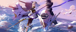  absurdres armor azur_lane bird blue_sky breastplate breasts brown_pantyhose cannon cloud commentary corset day diamond_(shape) female fleur-de-lis floating_hair gauntlets grey_hair hair_between_eyes hair_ornament highres holding holding_polearm holding_weapon large_breasts left-handed long_hair long_sleeves looking_at_viewer machinery miniskirt mole mole_under_eye ocean outdoors pantyhose parted_lips photoshop_(medium) pleated_skirt polearm red_eyes rigging saint-louis_(azur_lane) seagull serious sidelocks skirt sky smile solo spear standing standing_on_liquid tuzki waves weapon white_footwear white_skirt wind wind_lift 