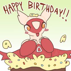  1:1 ambiguous_gender beeshroom birthday birthday_cake blush cake dessert english_text food generation_3_pokemon happy_birthday hi_res in_food latias legendary_pokemon looking_at_viewer nintendo open_mouth orange_eyes pokemon pokemon_(species) pop_out_cake solo text 