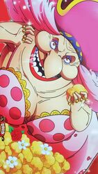  big_mom charlotte_linlin creepy dated dessert dress eating female food hat looking_at_viewer old_woman one_piece open_mouth pink_hair scan smile 