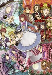  5boys 6+girls alice_(alice_in_wonderland) alice_(alice_in_wonderland)_(cosplay) alice_in_wonderland amakusa_juuza androgynous animal_ears bad_id bad_pixiv_id beatrice_(umineko) black_hair blonde_hair blue_eyes blue_flower blue_hair blue_rose brown_hair cat_ears chains cheshire_cat_(alice_in_wonderland) cheshire_cat_(alice_in_wonderland)_(cosplay) collar cosplay crown cup dormouse_(alice_in_wonderland) dormouse_(alice_in_wonderland)_(cosplay) dress facial_hair flower frederica_bernkastel furudo_erika grey_eyes grin hair_bobbles hair_flower hair_ornament hat kenkichi_kai lucifer_(umineko) mad_hatter_(alice_in_wonderland) mad_hatter_(alice_in_wonderland)_(cosplay) mammon_(umineko) monocle mouse_ears moustache multiple_boys multiple_girls pantyhose purple_eyes purple_hair rabbit_ears red_eyes red_hair ronove_(umineko) rose shaded_face smile teacup teapot thighhighs twintails umineko_no_naku_koro_ni upside-down ushiromiya_ange ushiromiya_battler ushiromiya_lion ushiromiya_maria virgilia_(umineko) white_hair willard_h._wright 