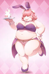  2:3 anthro belly biped bow_panties bow_underwear bunny_costume camel_toe clothing costume domestic_pig eye_covering fake_ears fake_rabbit_ears female hair kemono mammal navel on_one_leg onda_seki panties pink_hair short_hair slightly_chubby solo standing suid suina sus_(pig) underwear waiter 