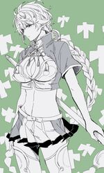  bad_id bad_twitter_id braid breasts cleavage cleavage_cutout clothing_cutout commentary_request female jacket kantai_collection large_breasts long_hair midriff miniskirt nagomi_(mokatitk) polearm skirt solo unryuu_(kancolle) very_long_hair weapon 