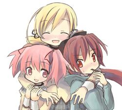  3girls bad_id bad_pixiv_id blonde_hair blush closed_eyes eating food food_in_mouth hair_ornament hair_ribbon hood hoodie hug kaname_madoka kyabechi long_hair mahou_shoujo_madoka_magica mahou_shoujo_madoka_magica_portable mitakihara_school_uniform multiple_girls open_mouth pink_eyes pink_hair pocky ponytail red_eyes red_hair ribbon sakura_kyoko school_uniform short_twintails simple_background smile sweatdrop tomoe_mami twintails white_background 