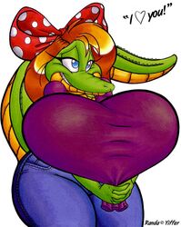  1girls alligator anthro badgerben blue_eyes breasts clothed clothing crocodilian english_text female female_only furry hair_ornament hair_ribbon heart hyper hyper_breasts looking_away randa_(badgerben) reptile scalie smile solo text voluptuous white_background wide_hips 