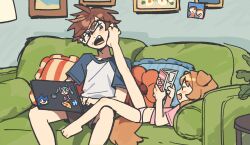  1boy absurdres animal_ears annoyed barefoot blush brown_hair commentary computer couch crooked_eyewear dog_girl english_commentary female foot_on_another's_face fujoshi glasses hatsune_miku highres laptop multiple_girls navel no_pants oerba_yun_fang one_eye_closed open_mouth original panties pillow pink_shirt reading shirt short_hair smile sonic_(series) sonic_the_hedgehog sticker striped_clothes striped_panties t-shirt tail umiko_zzz underwear vocaloid yaoi_(object) 