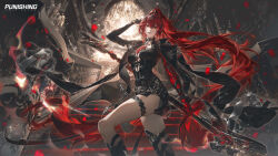  absurdres asymmetrical_arms breasts chandelier double-sided_polearm earrings eyewear_on_head female high_ponytail highres holding holding_weapon indoors jewelry long_hair looking_at_viewer mechanical_arms medium_breasts official_alternate_costume official_art petals ponytail punishing:_gray_raven red_eyes red_hair rose_petals smile solo stairs sunglasses vera:_geiravor_(pgr) vera_(pgr) very_long_hair weapon 