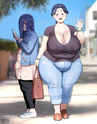  2girls age_difference artist_name artist_signature artist_website big_breasts blue_hair bracelet casual_clothes chiyo_(fellatrix) chubby chubby_female cleavage cute dated daughter demon denim denim_jacket eyes_closed fat fellatrix female female_only fully_clothed fupa green_bracelet hair hair_covering_eye hair_covering_face handbag happy hiding_face holding holding_bag holding_object holding_phone jacket large_breasts lipstick looking_to_the_side love_handles milf mio_(fellatrix) mother mother_and_daughter mouth_open nipple_bulge outdoors outside parent parent_and_child phone pins polka_dot polka_dot_clothing polka_dot_shirt public purple_hair shoes shopping shy side_view sidewalk slippers standing tagme thick_thighs tramp_stamp watermark waving waving_at_viewer what wide_hips yellow_eyes 