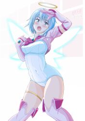  arm_up blue_hair blush boots breasts covered_navel djibril_(makai_tenshi_djibril) elbow_gloves energy_wings female gloves green_eyes halo hiyama_izumi_(wttdh) jewelry magical_girl makai_tenshi_djibril manabe_rika one-piece_swimsuit open_mouth pink_boots pink_gloves pink_thighhighs salute school_swimsuit short_hair solo standing swimsuit swimsuit_costume thigh_boots thighhighs thighlet thighs white_one-piece_swimsuit 