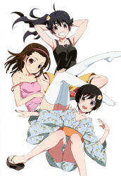  3girls ahoge araragi_karen araragi_tsukihi arms_behind_head black_camisole black_eyes black_hair blue_kimono breasts brown_eyes brown_hair camisole closed_mouth collarbone egg_hair_ornament feet_up fingernails floating floating_hair food-themed_hair_ornament grin hair_between_eyes hair_ornament hairband hand_on_own_knee head_tilt highres indian_style japanese_clothes kimono leaning_to_the_side light_blush long_hair long_sleeves looking_at_viewer medium_breasts monogatari_(series) multiple_girls no_shoes non-web_source obi official_art open_clothes orange_sash pink_camisole pink_hairband ponytail print_kimono red_footwear sash sengoku_nadeko short_hair shorts siblings simple_background single_off_shoulder sisters sitting skirt small_breasts smile socks straight_hair teeth thighhighs upper_teeth_only watanabe_akio white_background white_skirt white_thighhighs wide_sleeves yellow_shorts yellow_socks 