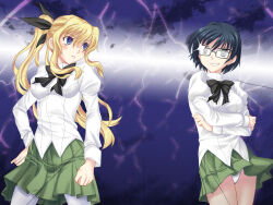  2girls artist_request black_bow blonde_hair blue_eyes blue_hair blush bow closed_mouth cousins crossed_arms game_cg glasses glint green_skirt grey-framed_eyewear grin hakamichi_shizune highres katawa_shoujo long_hair long_sleeves multiple_girls non-web_source official_art ponytail satou_lilly school_uniform shirt short_hair skirt smile standing teeth white_shirt yamaku_high_school_uniform 