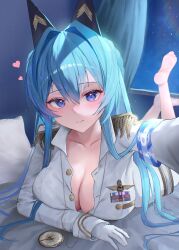  blue_eyes blue_hair breasts cleavage coat compass female goddess_of_victory:_nikke heart helm_(nikke) highres insignia long_sleeves mayreellove military_uniform shoulder_boards solo white_coat 