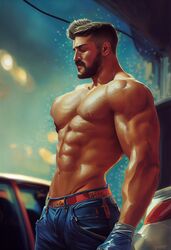  1boy ai_generated carwash male male_only midjourney muscles muscular muscular_male outdoors outside shirtless_male 