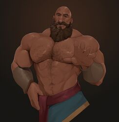  1boy abs bald bara beard bearded biceps big_arms big_muscles big_nose body_hair bottomwear bottomwear_only bracelets brown_background chest_hair civilization clothing crispyy_art dilf facial_hair gilgamesh_(civilization) hairy hairy_chest hairy_male huge_pecs human human_only large_pectorals looking_at_viewer male male_chest male_focus male_only mature mature_male muscle muscles muscular muscular_arms muscular_male nipples pecs pectorals shirtless shirtless_(male) solo solo_focus solo_male thick_eyebrows 