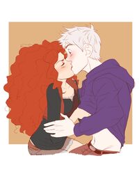  1boy 1girls assertive_female being_undressed blue_eyes brave clothed crossover crossover_pairing curly_hair disney disney_princess dreamworks female ginger ginger_hair hand_under_clothes hoodie jack_frost jack_frost_(rise_of_the_guardians) kissing light_skin male male/female merida passionate pixar red_hair rise_of_the_guardians straight surprised surprised_expression undressing undressing_another white_hair 