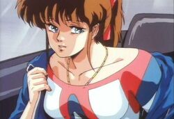  1980s_(style) anime_screenshot athletic_leotard blue_eyes blue_jacket breasts brown_hair car_interior chain_necklace chains collarbone cream_lemon female gold_necklace hair_ribbon high_ponytail jacket jewelry jpeg_artifacts leotard leotard_under_clothes looking_at_viewer mami_(cream_lemon) medium_breasts medium_hair necklace off_shoulder open_clothes open_jacket parted_lips ponytail red_ribbon removing_jacket retro_artstyle ribbon sidelocks solo track_jacket undressing upper_body white_leotard white_shadow 