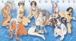  1990s_(style) 6+girls absurdres asymmetrical_hair bad_id belldandy bikini black_hair blue_eyes blue_sarong bracelet brown_eyes copyright_name facial_mark forehead_mark fujimi_chihiro fujishima_kousuke highres hild_(aa_megami-sama) jewelry lind long_hair long_legs morisato_megumi multiple_girls oh_my_goddess! one-piece_swimsuit peorth_(aa_megami-sama) retro_artstyle ring sarong skuld_(aa_megami-sama) star_(symbol) star_facial_mark striped_clothes striped_sarong swimsuit twintails urd_(aa_megami-sama) white_hair 