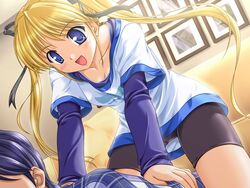  bekkankou bike_shorts blonde_hair blue_eyes blush cowgirl_position female game_cg hair_ribbon happy long_hair long_sleeves ribbon shibugaki_matsuri solo tsuki_wa_higashi_ni_hi_wa_nishi_ni twintails 