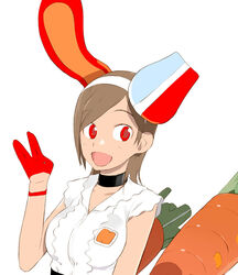  :d animal_ears brown_hair carrot choker densha_otoko female getsumento_heiki_miina gloves okama open_mouth photoshop_(medium) rabbit_ears red_eyes red_gloves shirt short_hair simple_background sleeveless sleeveless_shirt smile solo tsukishiro_mina upper_body white_background white_shirt 