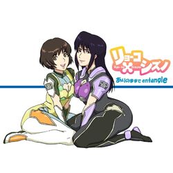  2girls artist_request ass black_bodysuit black_hair bodysuit breast_press breasts brown_hair cleavage cleavage_cutout clothing_cutout detached_sleeves green_eyes kaminagi_ryouko kneeling large_breasts lipstick long_hair makeup misaki_shizuno multicolored_bodysuit multicolored_clothes multiple_girls short_hair smile symmetrical_docking zegapain 