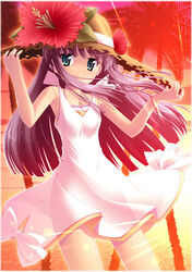  aqua_eyes bare_arms cowboy_shot dress female flower hands_on_headwear hat hat_flower hibiscus long_hair looking_at_viewer original outdoors palm_tree photoshop_(medium) purple_hair red_flower reflection see-through_silhouette sleeveless sleeveless_dress solo straw_hat sun_hat sundress sunset tree water white_dress yamabuki_zarame 