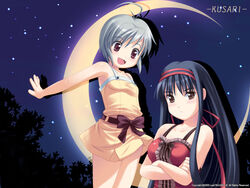  2girls ahoge artist_request ayanobe_karen ayanobe_tamami bare_shoulders black_hair blush bow brown_eyes crescent_moon crossed_arms dress drop_shadow frills grey_hair hairband kusari lolicon long_hair moon multiple_girls night night_sky oerba_yun_fang official_art official_wallpaper open_mouth outdoors outstretched_arms purple_eyes ribbon short_hair siblings sisters sky smile spread_arms star_(sky) star_(symbol) starry_moon starry_sky 