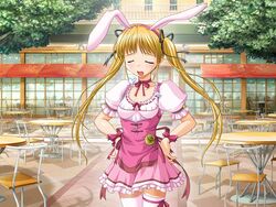  animal_ears bekkankou chair choker closed_eyes dress female game_cg hair_ribbon hands_on_own_hips long_hair rabbit_ears ribbon shibugaki_matsuri sigh solo table thighhighs tsuki_wa_higashi_ni_hi_wa_nishi_ni twintails waitress zettai_ryouiki 